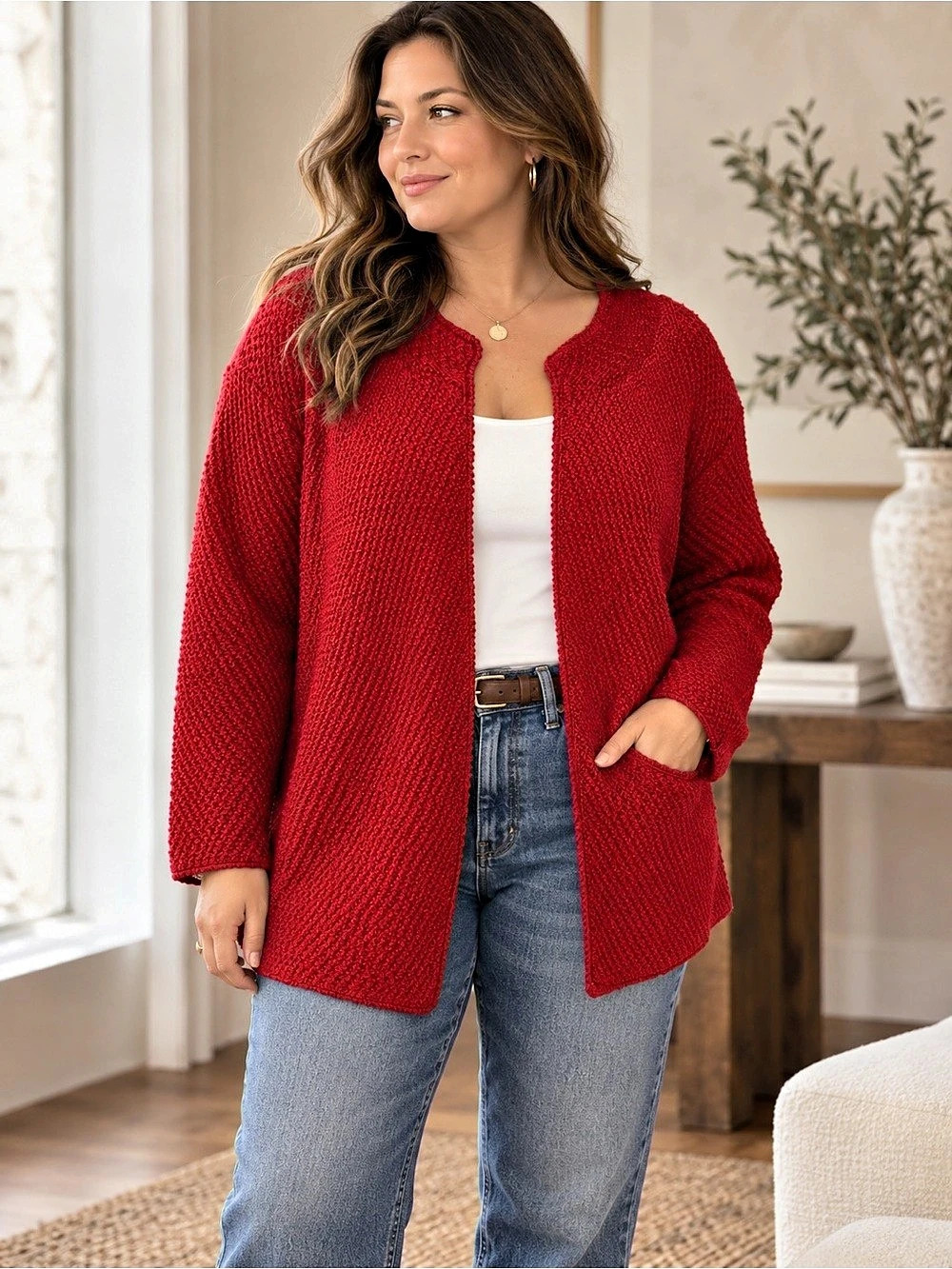 Eileen Fisher Red 100% Merino Wool Open Front Textured Cardigan Sweater 1X